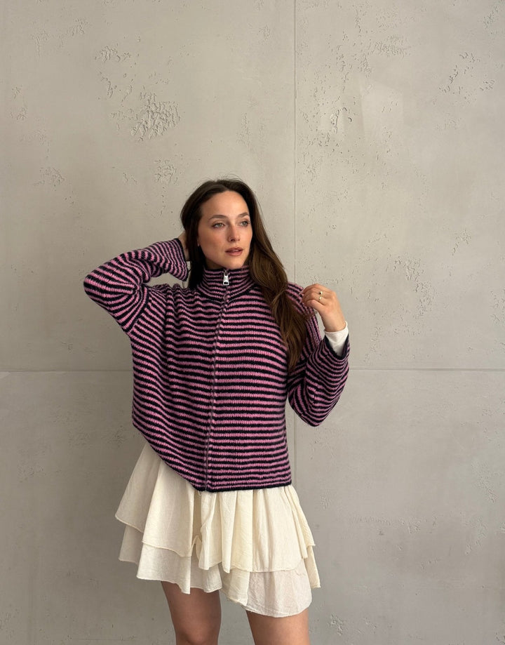 Stony - Striped cardigan with zipper and stand-up collar