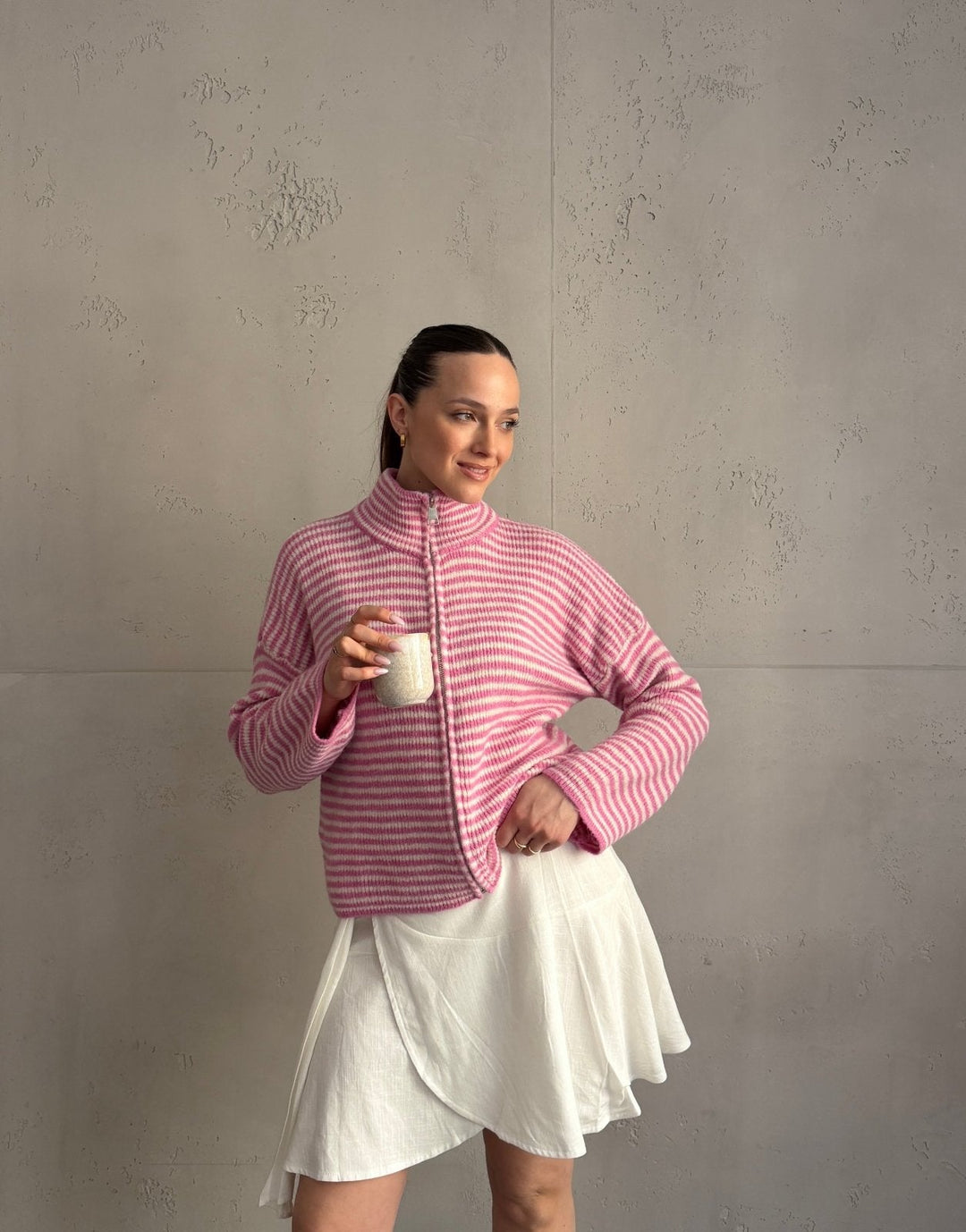 Stony - Striped cardigan with zipper and stand-up collar