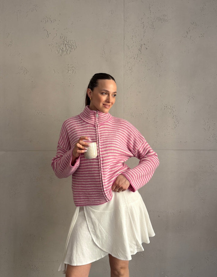 Stony - Striped cardigan with zipper and stand-up collar