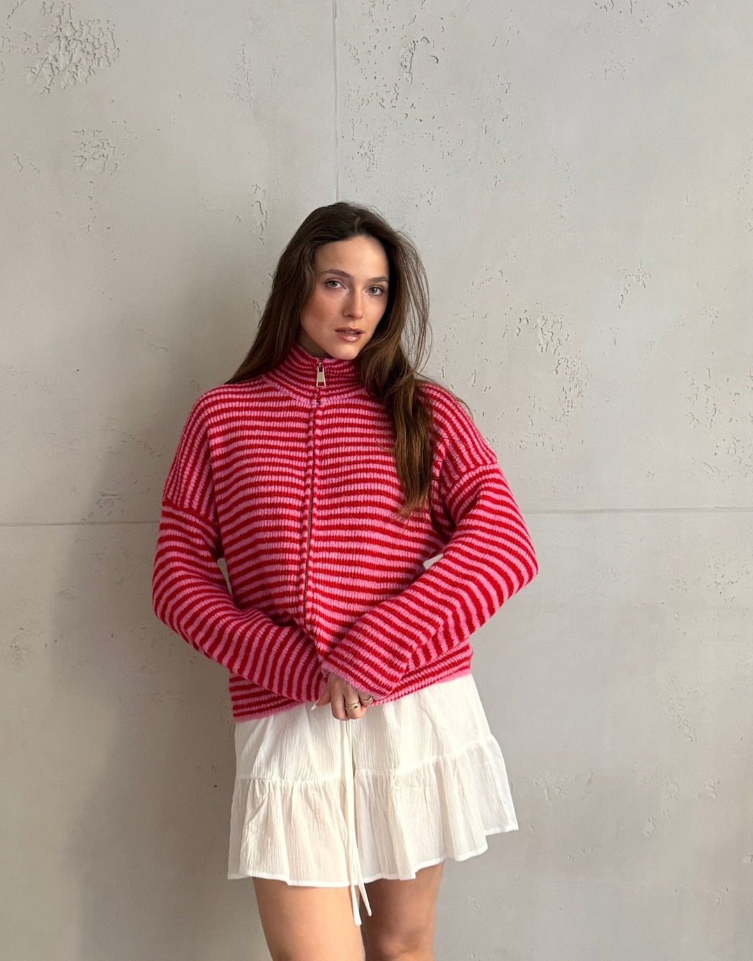 Stony - Striped cardigan with zipper and stand-up collar