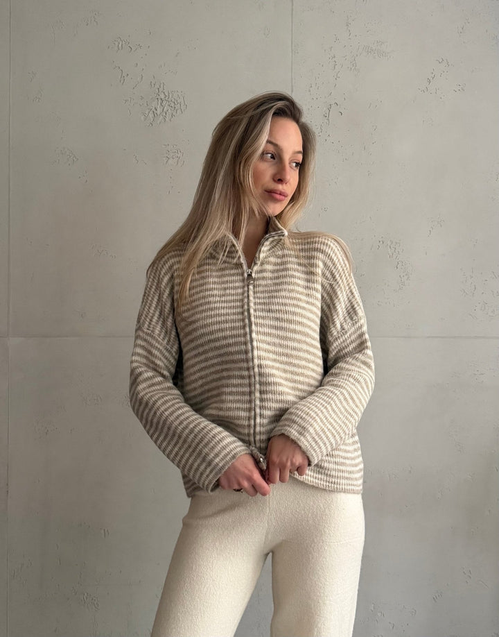 Stony - Striped cardigan with zipper and stand-up collar
