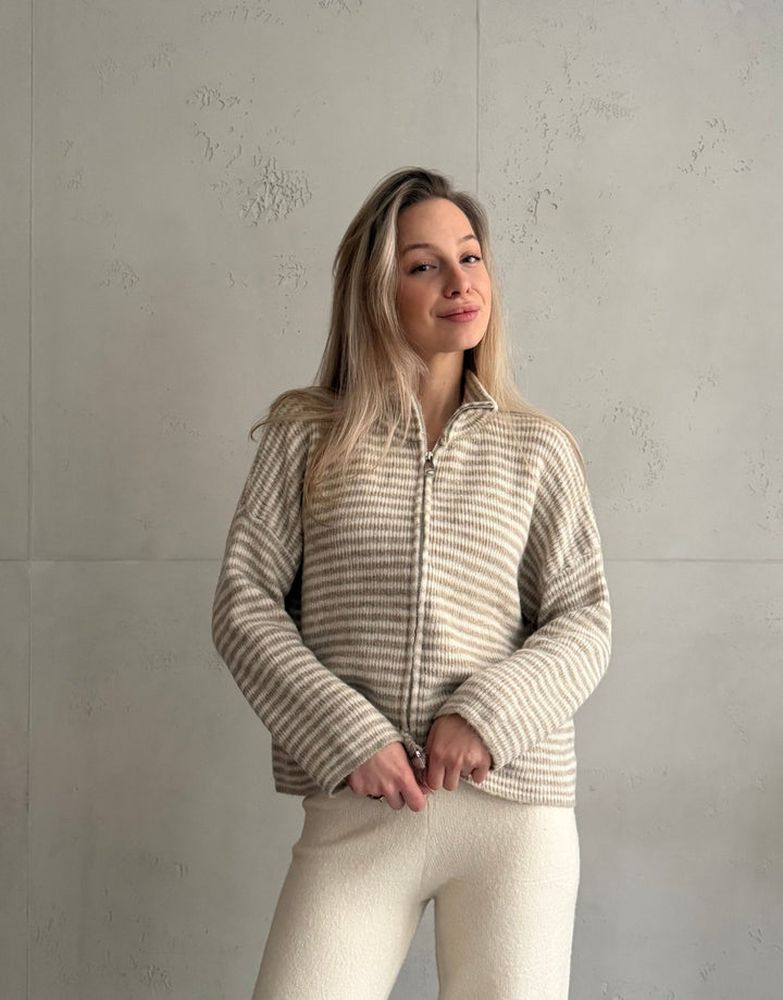Stony - Striped cardigan with zipper and stand-up collar
