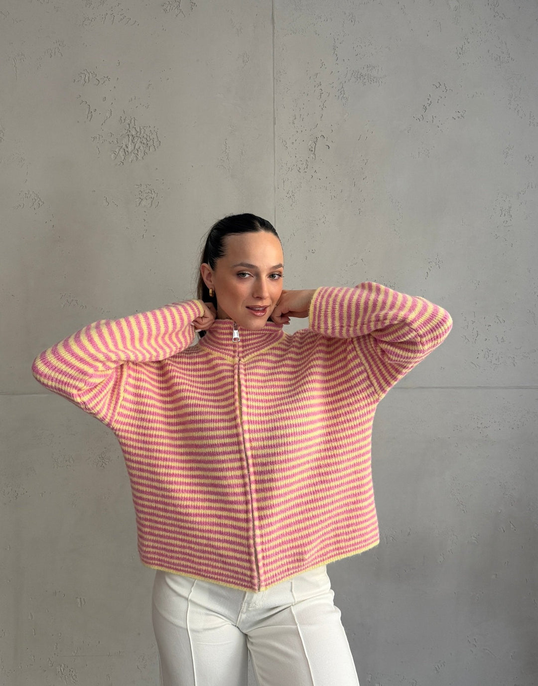 Stony - Striped cardigan with zipper and stand-up collar