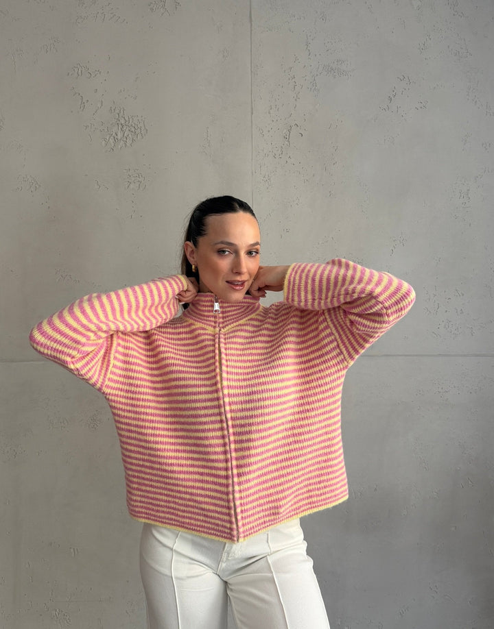 Stony - Striped cardigan with zipper and stand-up collar