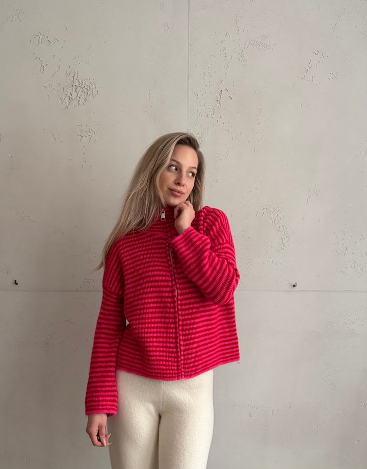 Stony - Striped cardigan with zipper and stand-up collar