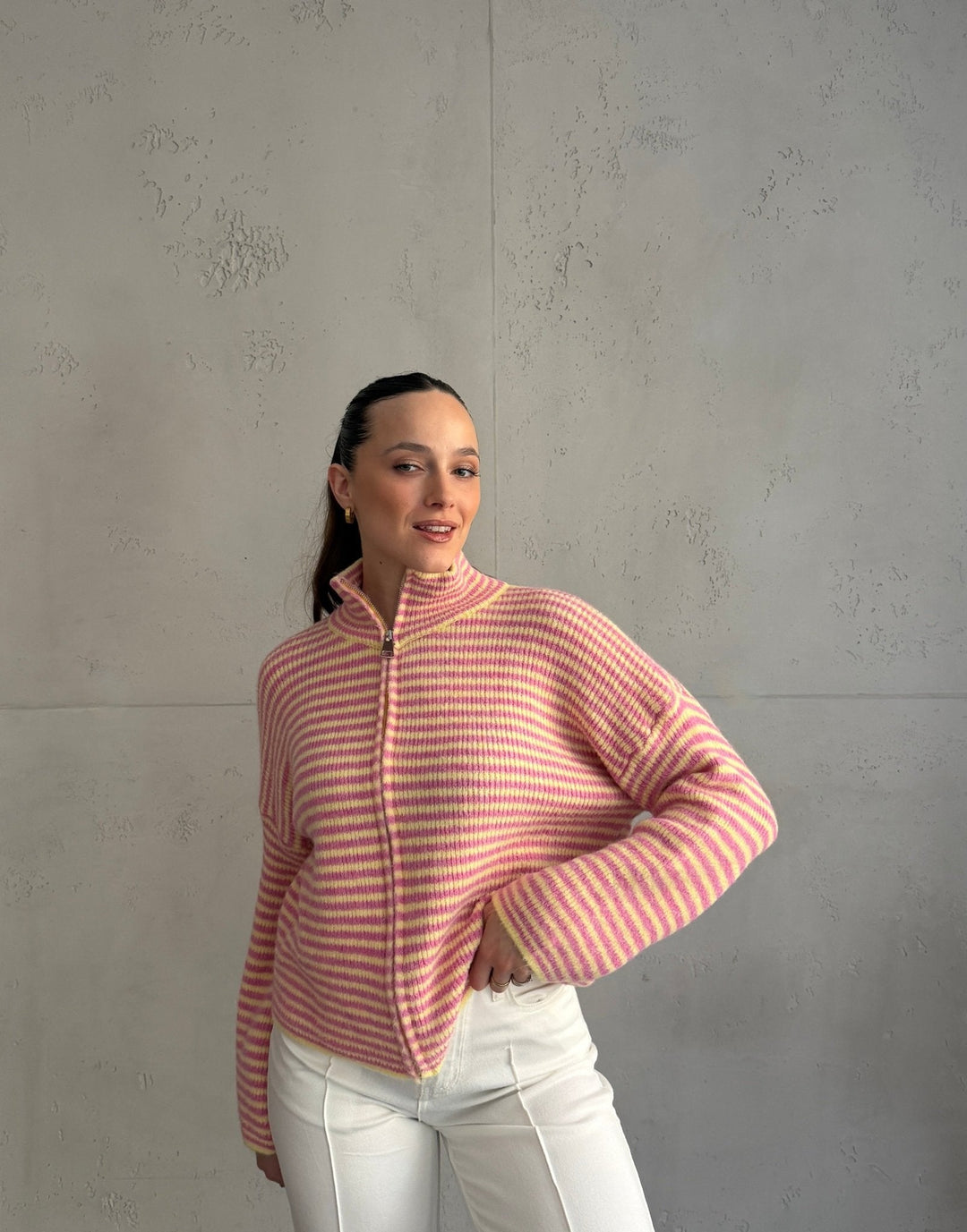 Stony - Striped cardigan with zipper and stand-up collar