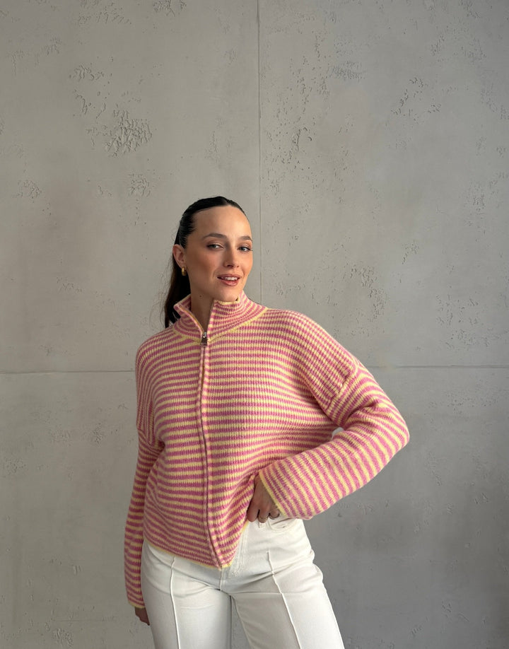 Stony - Striped cardigan with zipper and stand-up collar