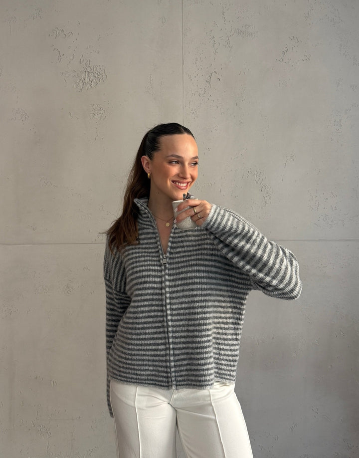 Stony - Striped cardigan with zipper and stand-up collar