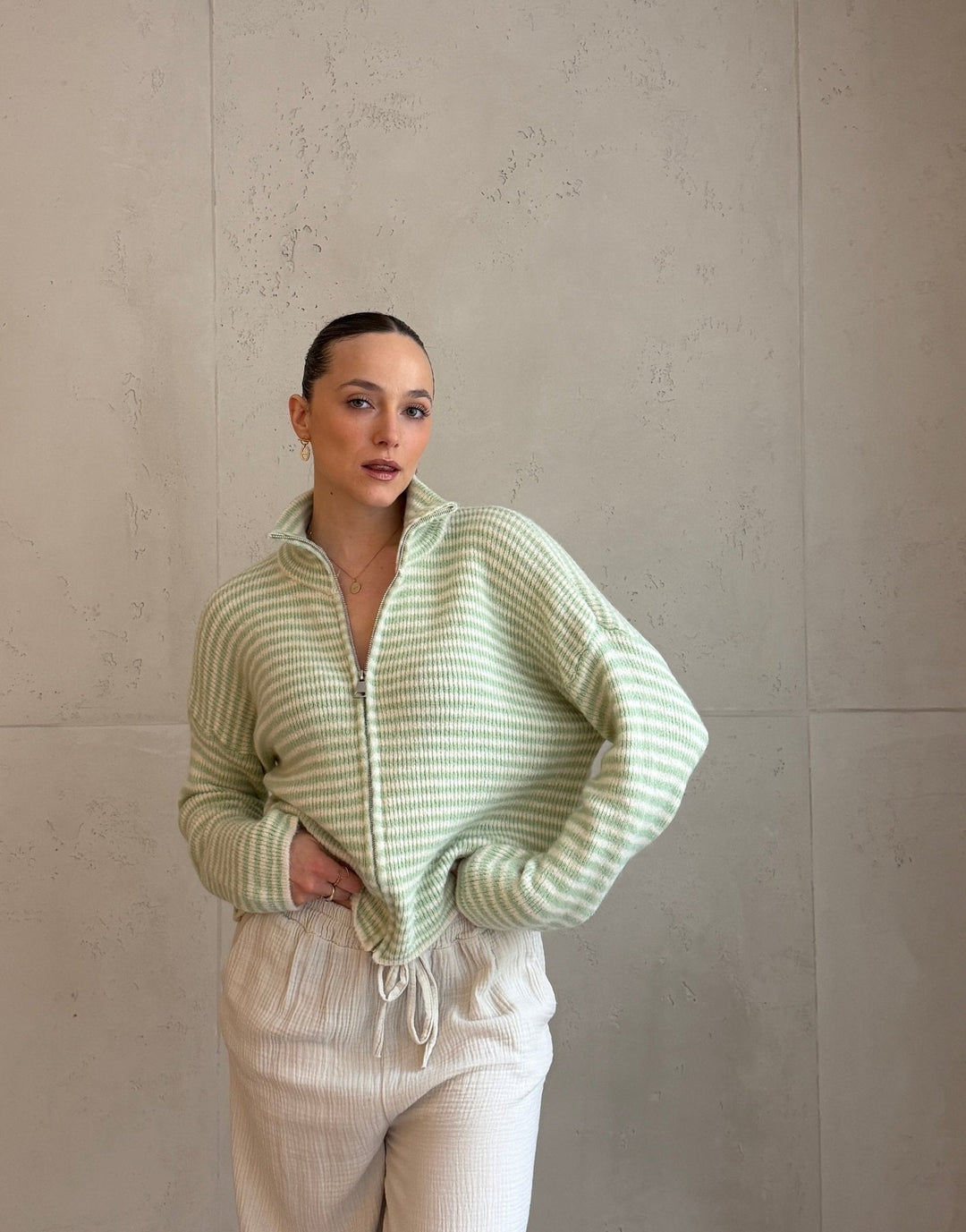 Stony - Striped cardigan with zipper and stand-up collar