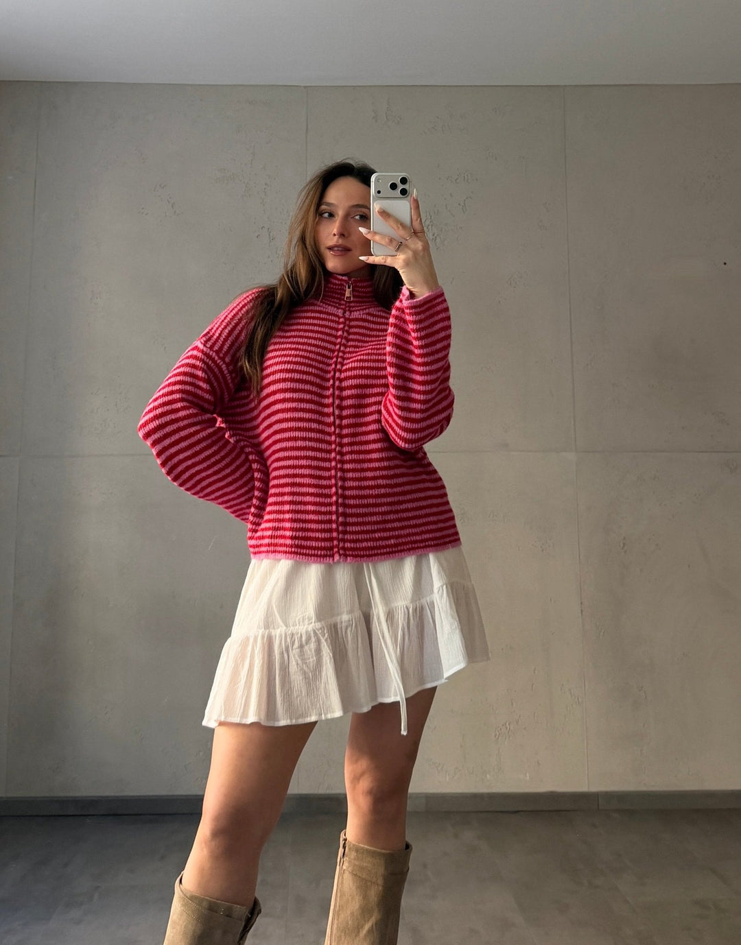 Stony - Striped cardigan with zipper and stand-up collar