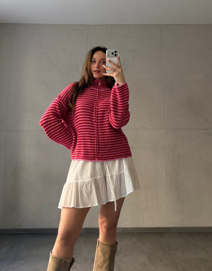 Stony - Striped cardigan with zipper and stand-up collar