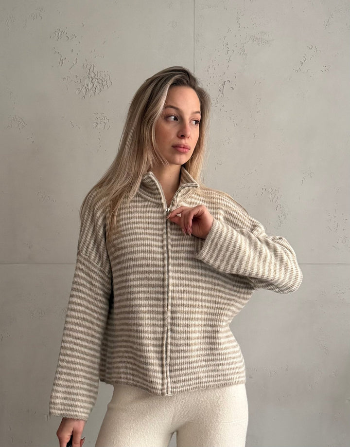 Stony - Striped cardigan with zipper and stand-up collar