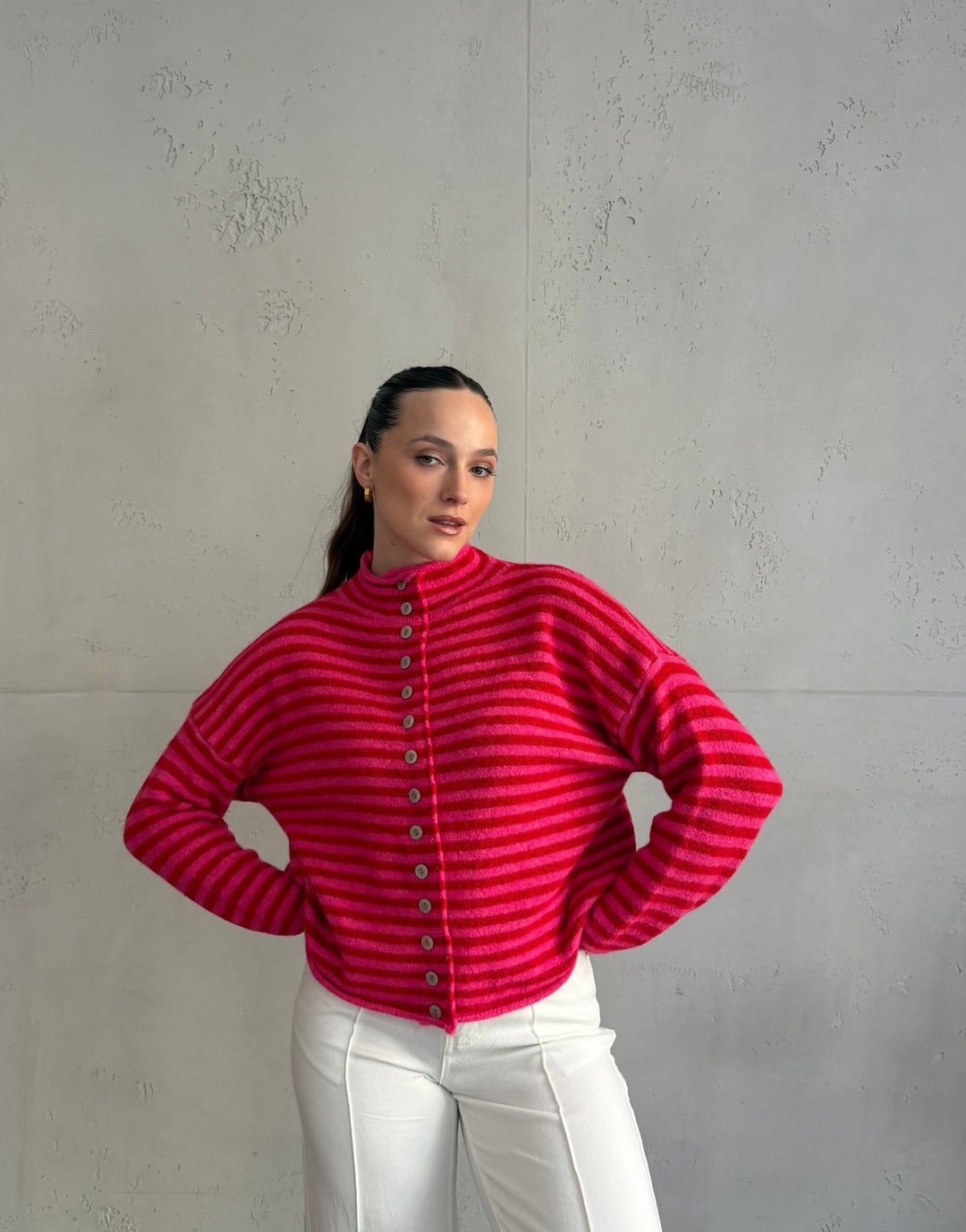 Berowra - Striped cardigan with stand-up collar and buttons