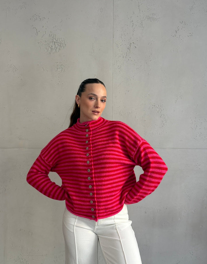 Berowra - Striped cardigan with stand-up collar and buttons