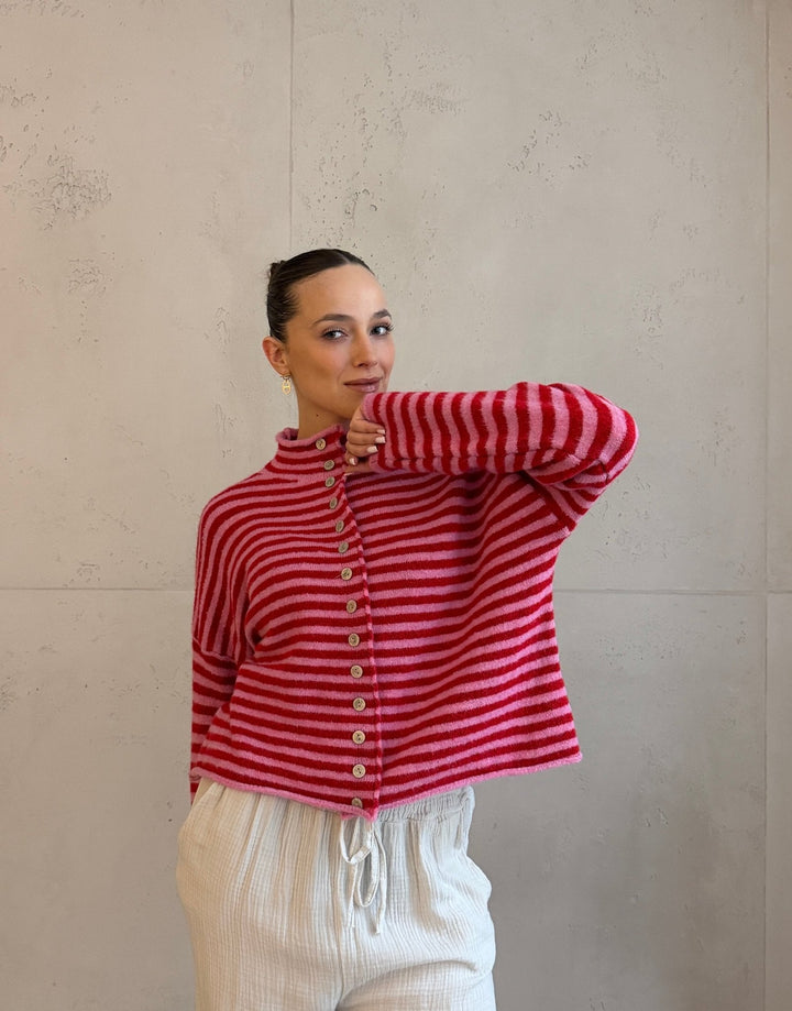 Berowra - Striped cardigan with stand-up collar and buttons