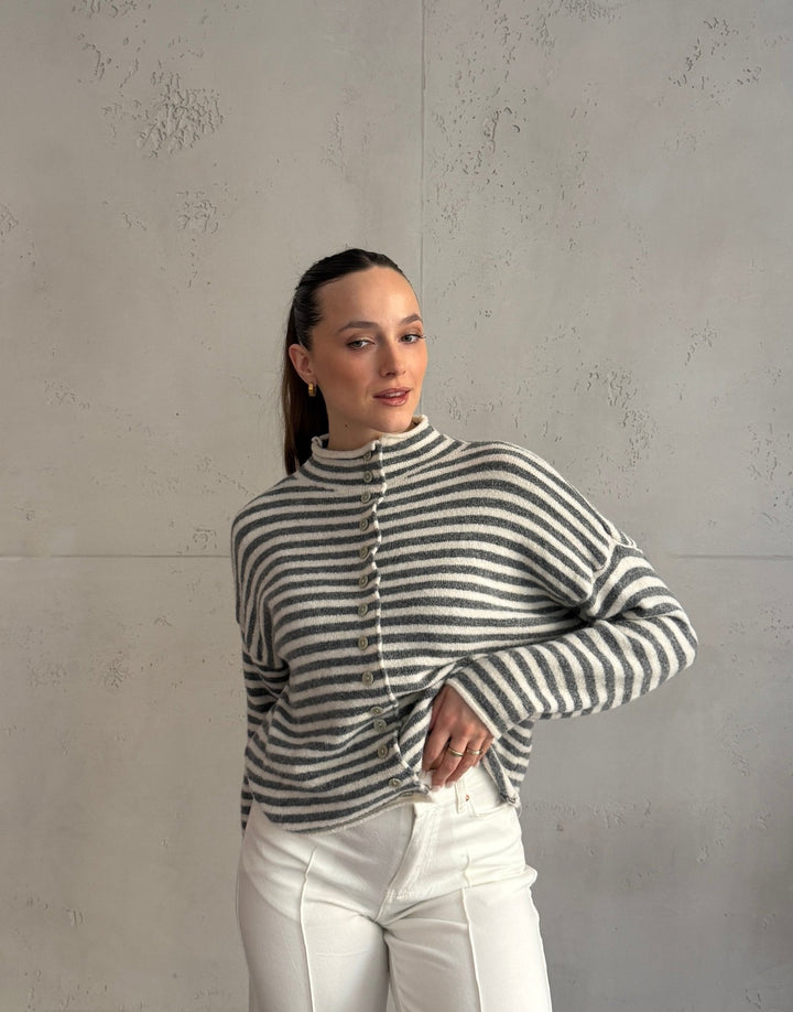 Berowra - Striped cardigan with stand-up collar and buttons