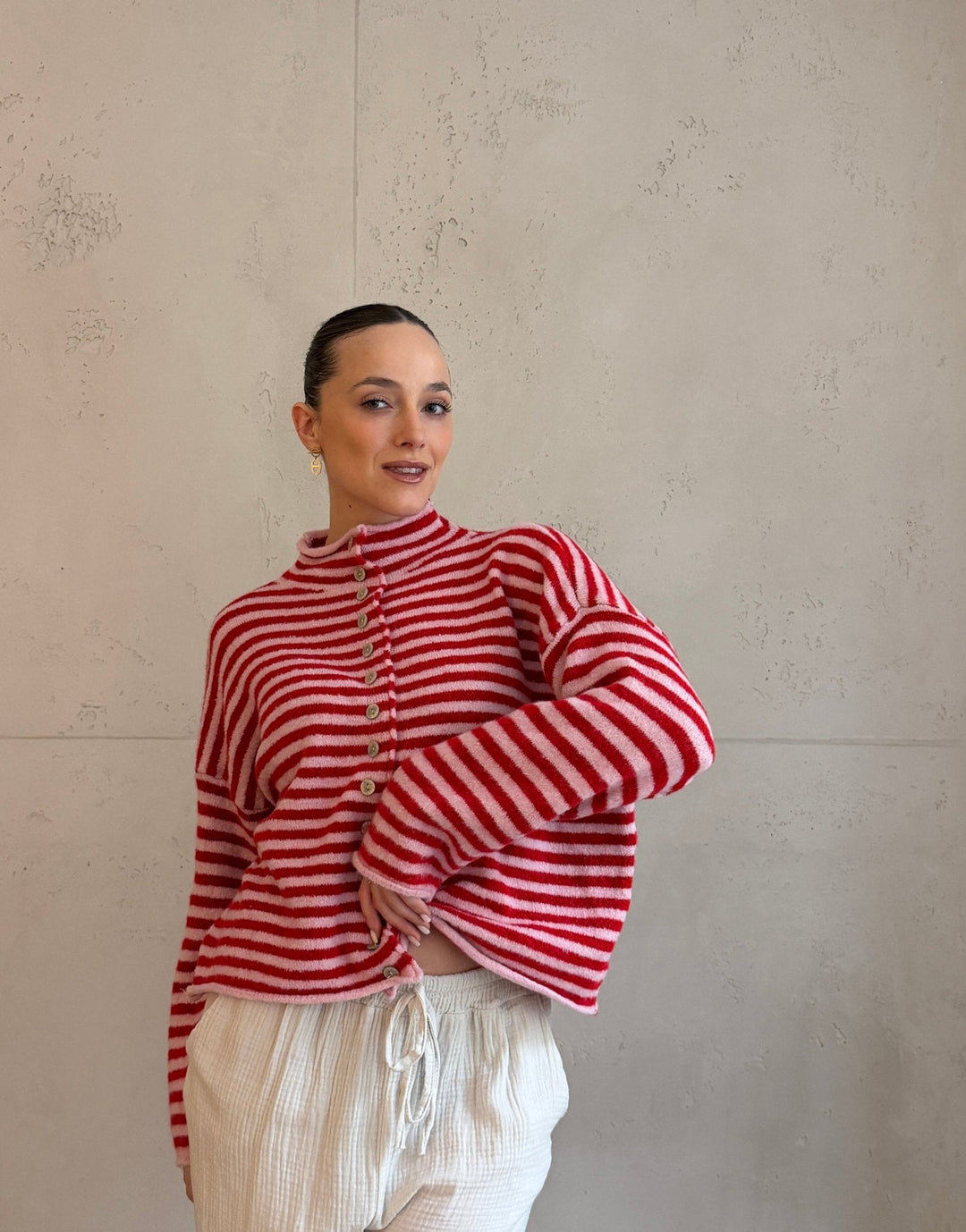 Berowra - Striped cardigan with stand-up collar and buttons