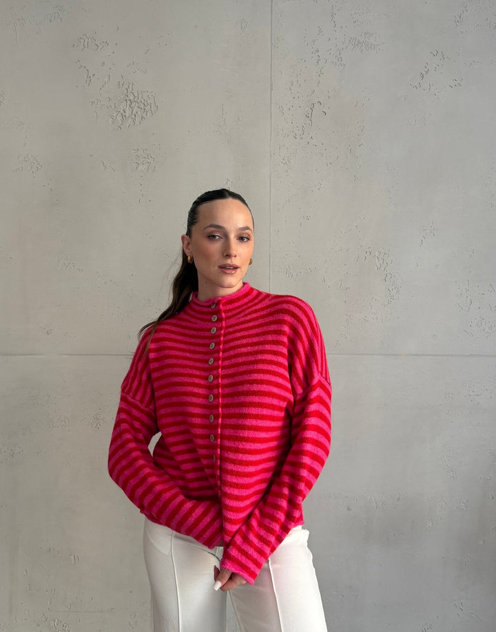 Berowra - Striped cardigan with stand-up collar and buttons