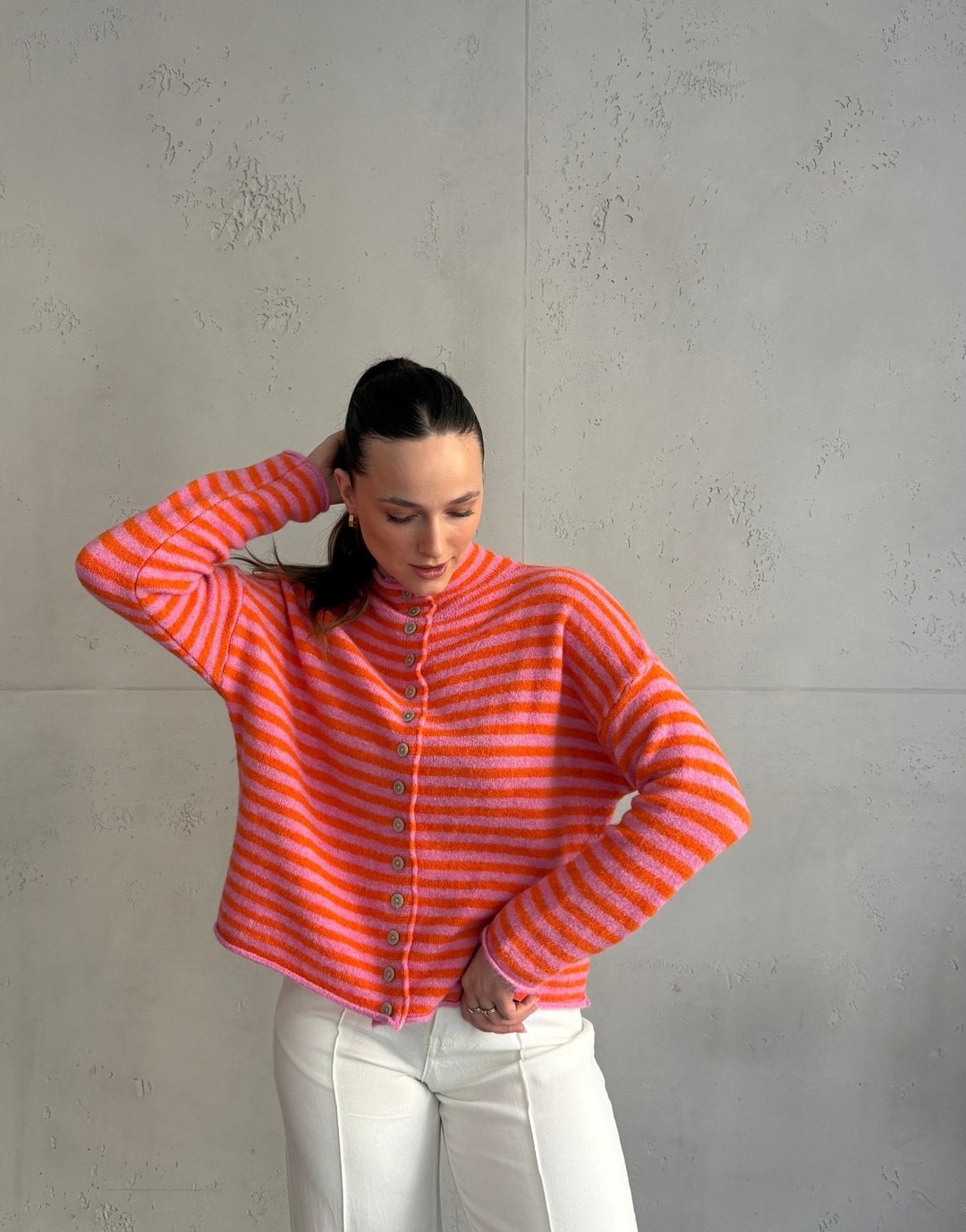 Berowra - Striped cardigan with stand-up collar and buttons