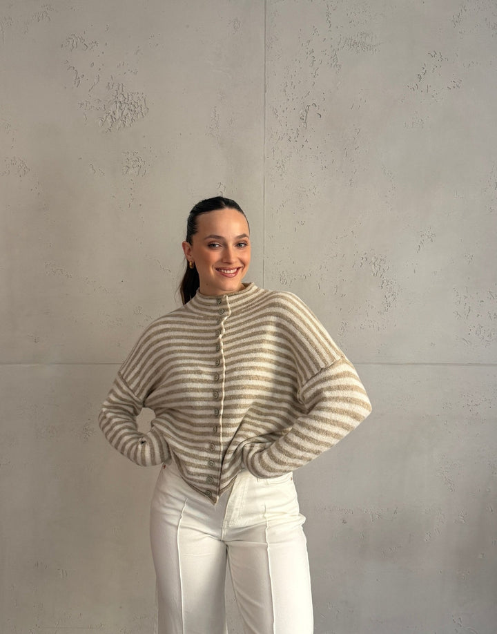 Berowra - Striped cardigan with stand-up collar and buttons