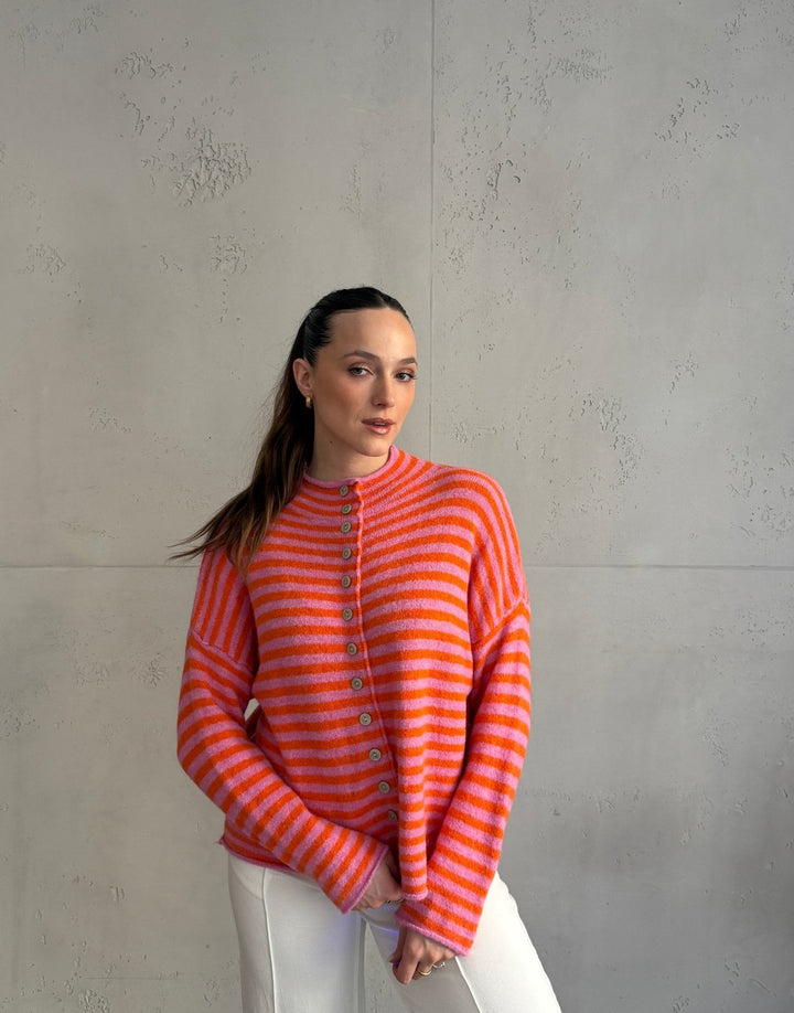 Berowra - Striped cardigan with stand-up collar and buttons
