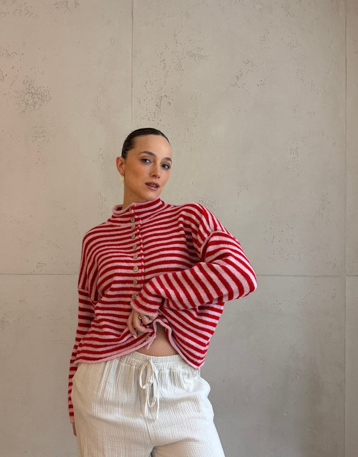 Berowra - Striped cardigan with stand-up collar and buttons