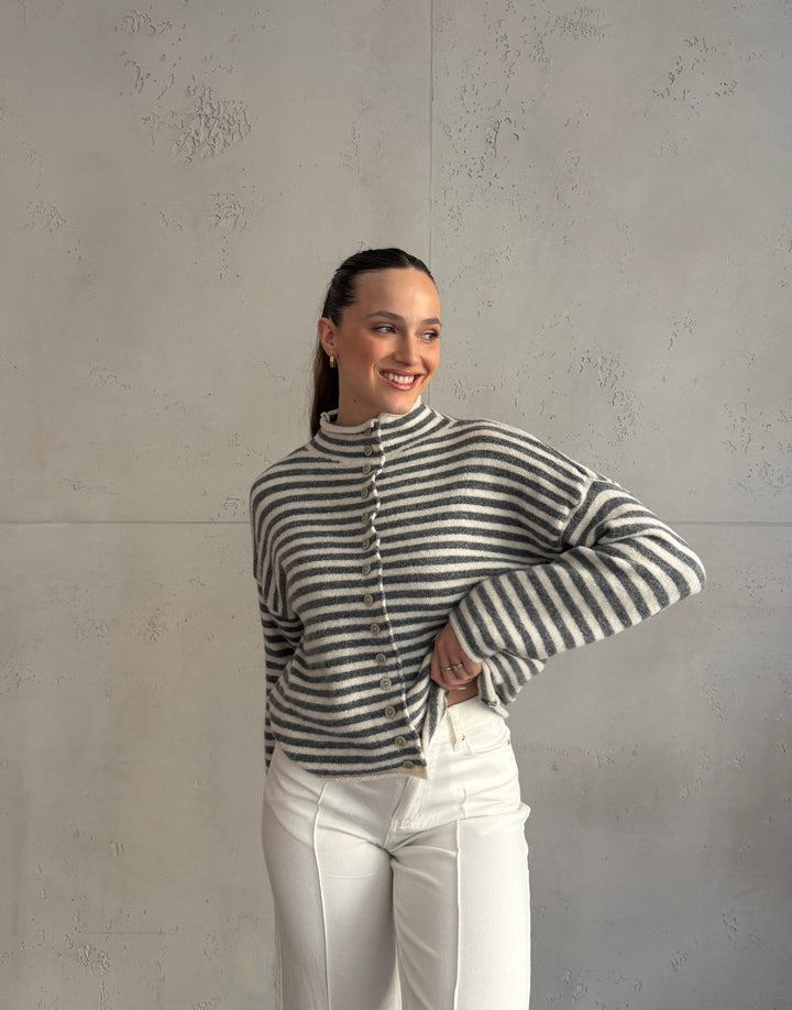 Berowra - Striped cardigan with stand-up collar and buttons