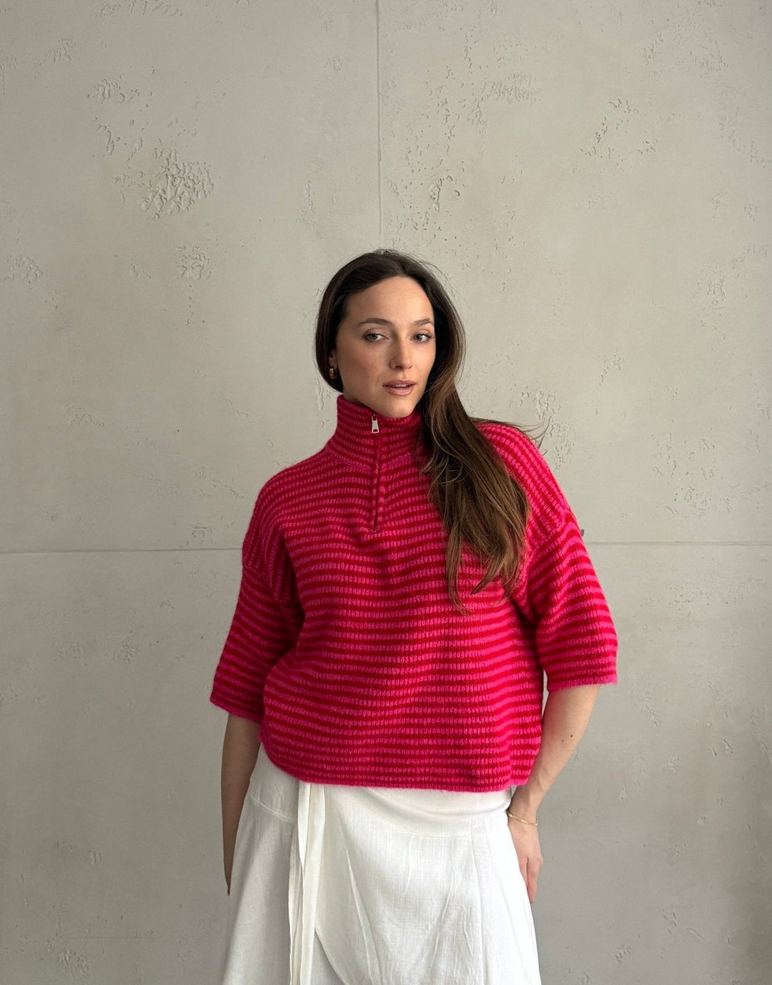 Bilgola - Striped short-sleeved sweater with quarter zip and collar