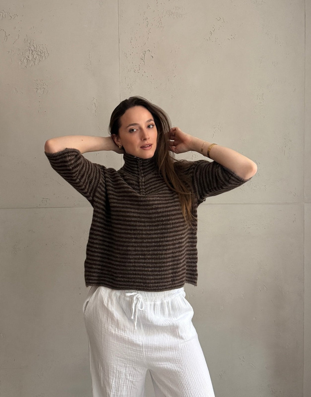 Bilgola - Striped short-sleeved sweater with quarter zip and collar