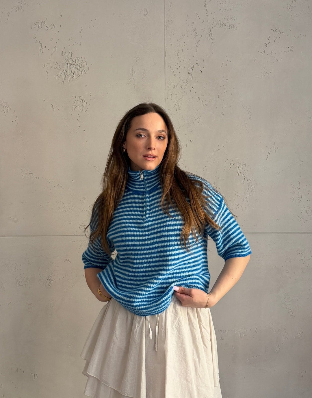 Bilgola - Striped short-sleeved sweater with quarter zip and collar