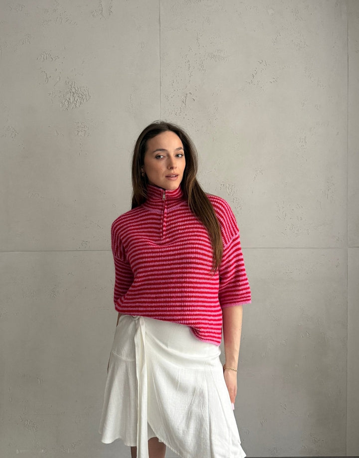 Bilgola - Striped short-sleeved sweater with quarter zip and collar