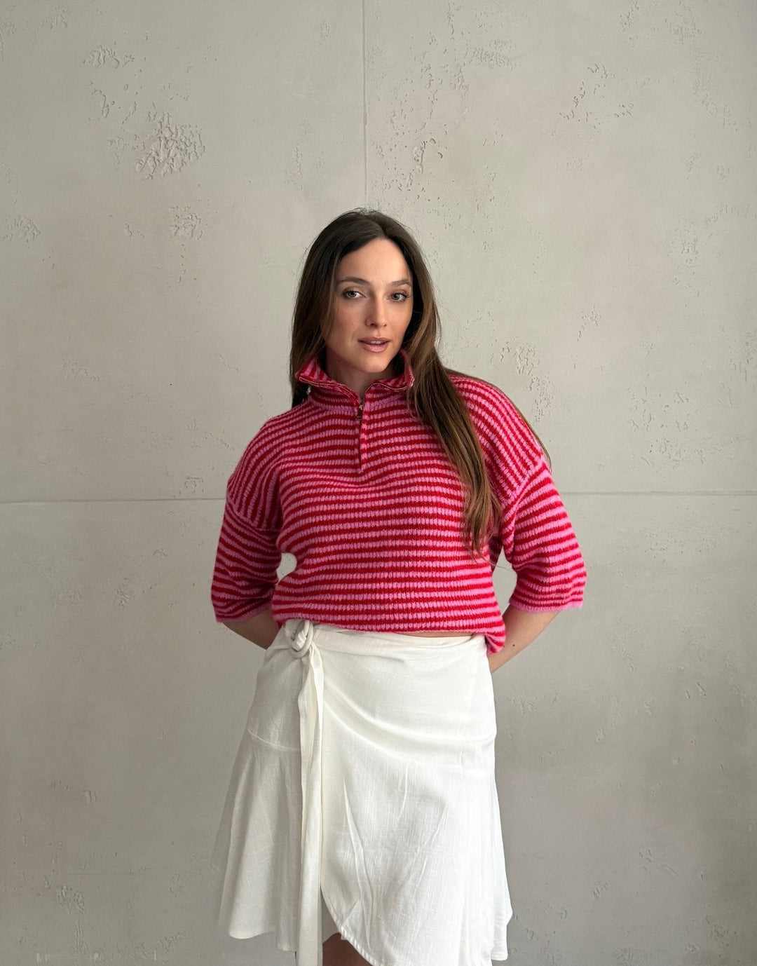 Bilgola - Striped short-sleeved sweater with quarter zip and collar