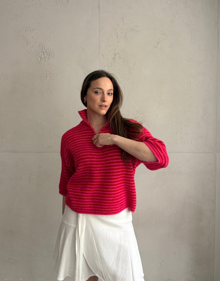 Bilgola - Striped short-sleeved sweater with quarter zip and collar