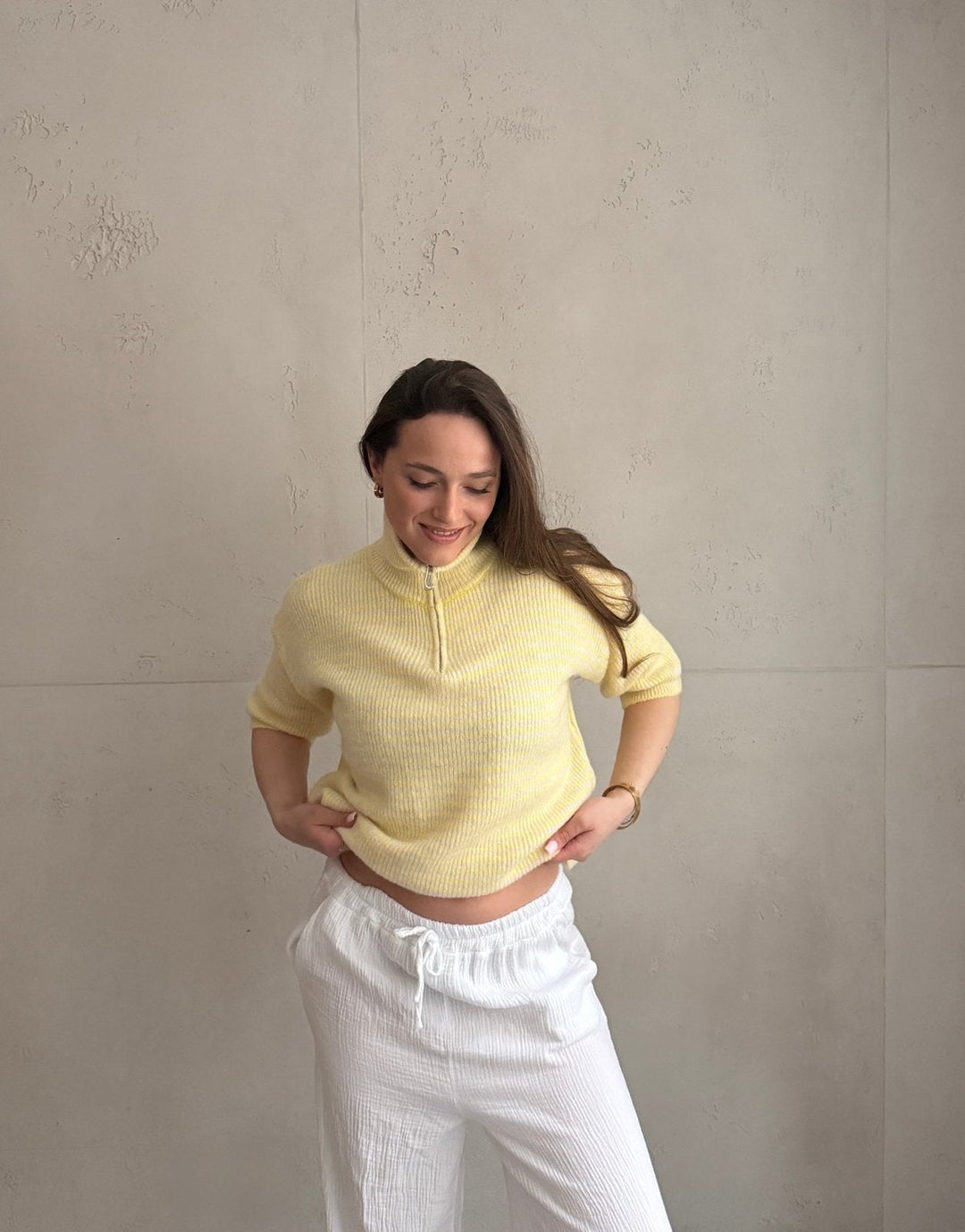 Bilgola - Striped short-sleeved sweater with quarter zip and collar