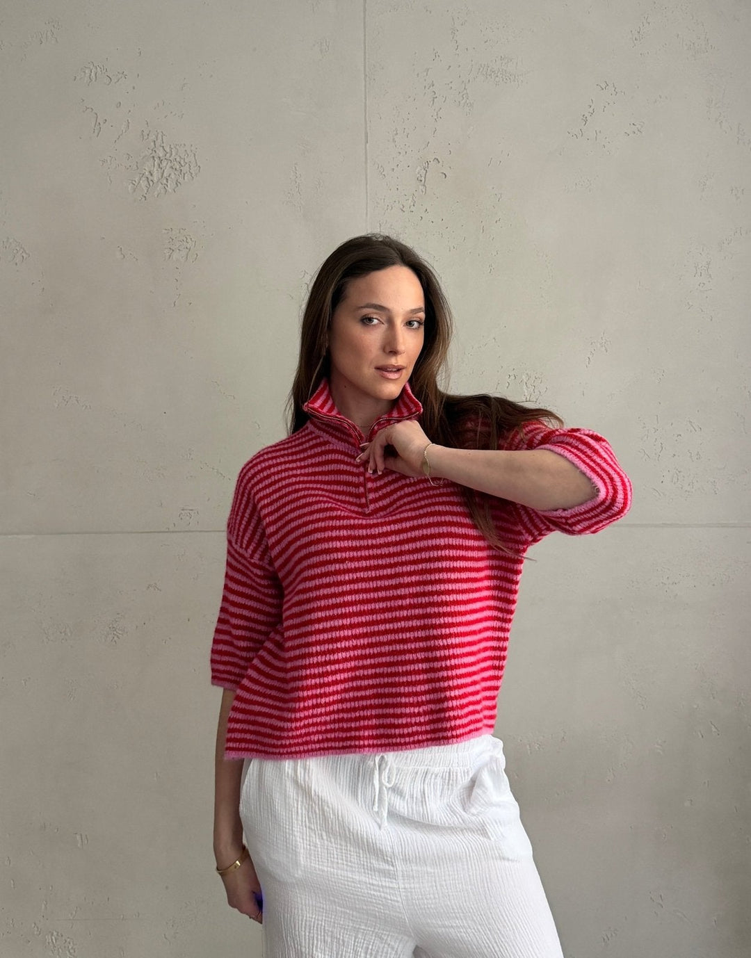 Bilgola - Striped short-sleeved sweater with quarter zip and collar