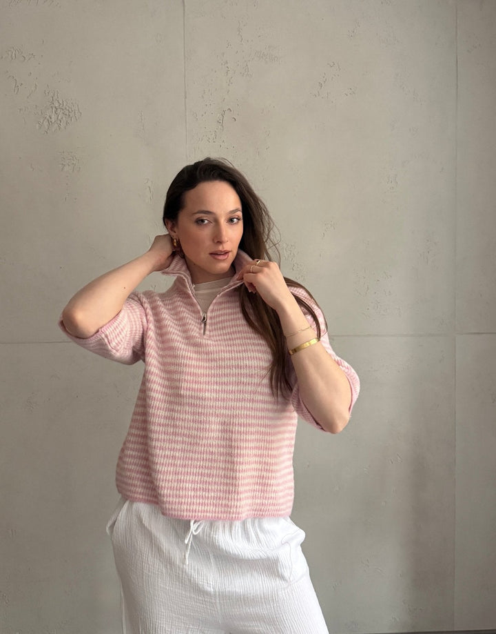 Bilgola - Striped short-sleeved sweater with quarter zip and collar