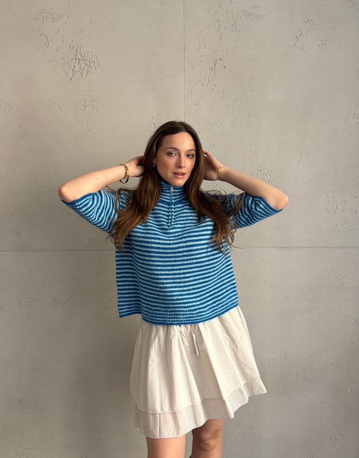 Bilgola - Striped short-sleeved sweater with quarter zip and collar