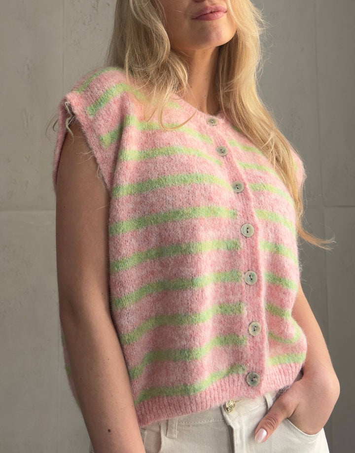 Duffys - Striped sweater vest with buttons & dropped shoulder