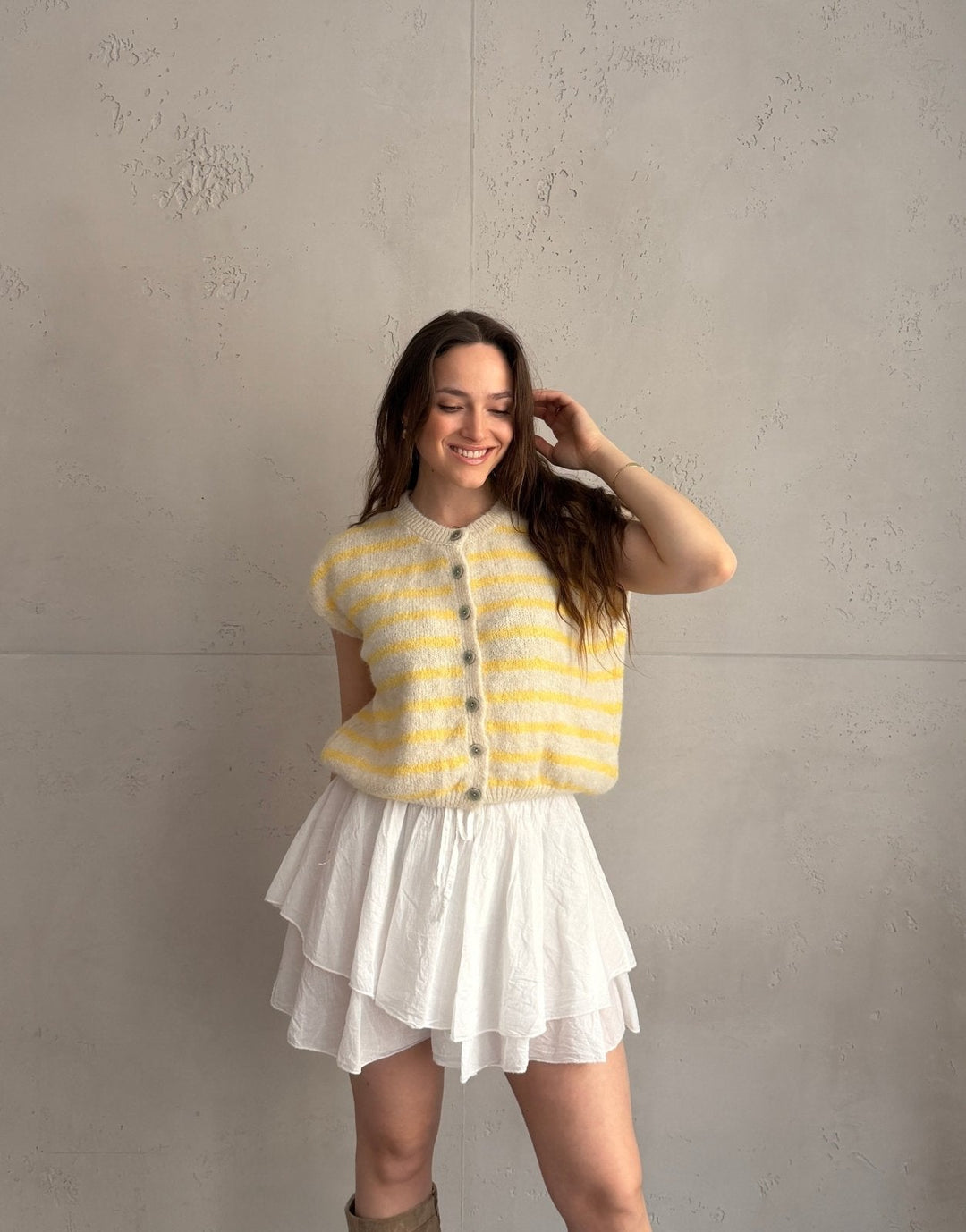 Duffys - Striped sweater vest with buttons & dropped shoulder