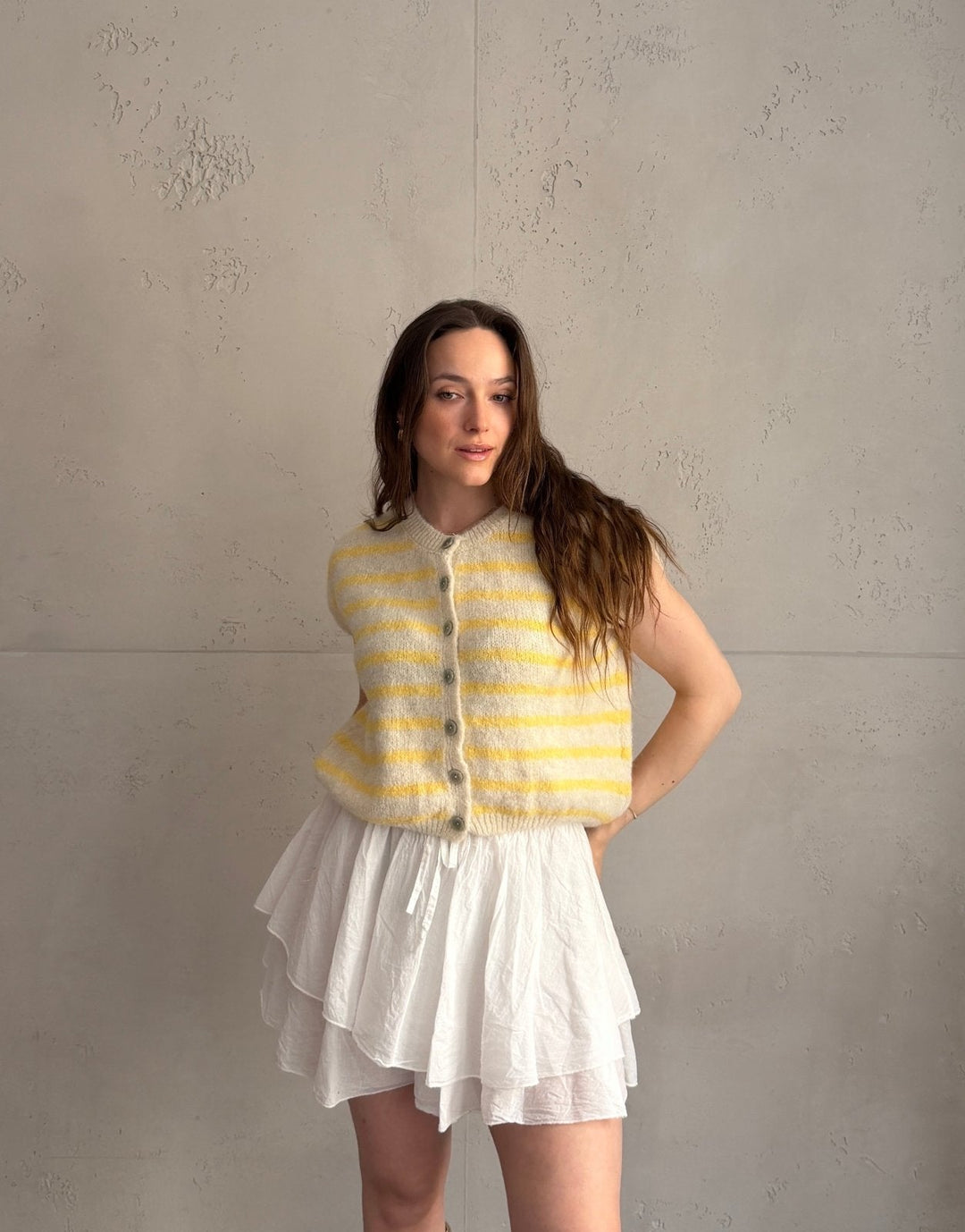 Duffys - Striped sweater vest with buttons & dropped shoulder