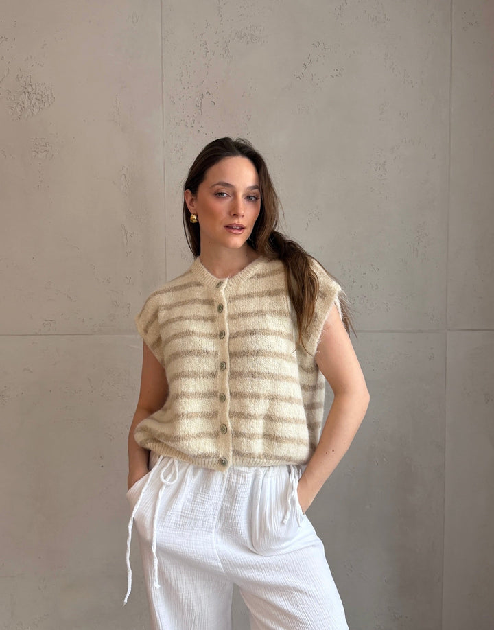 Duffys - Striped sweater vest with buttons & dropped shoulder