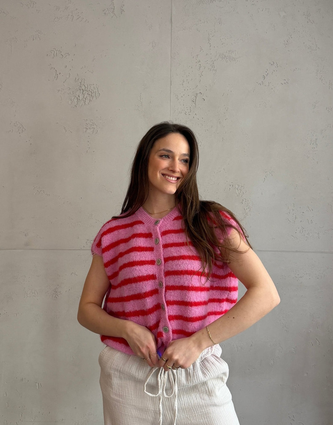 Duffys - Striped sweater vest with buttons & dropped shoulder