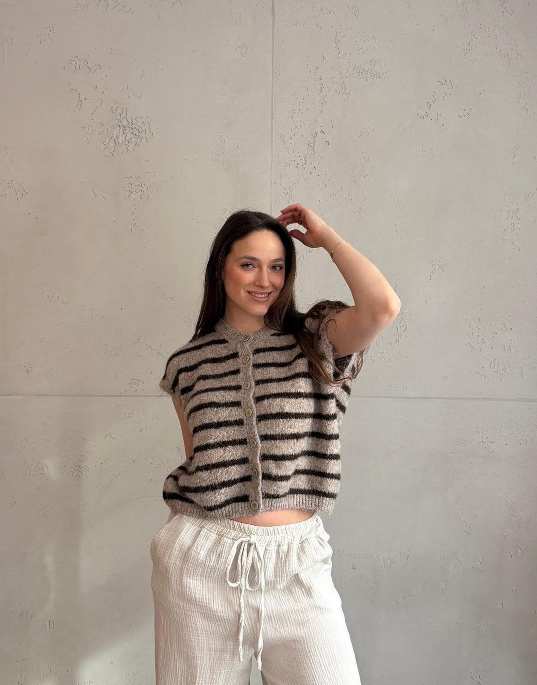 Duffys - Striped sweater vest with buttons & dropped shoulder