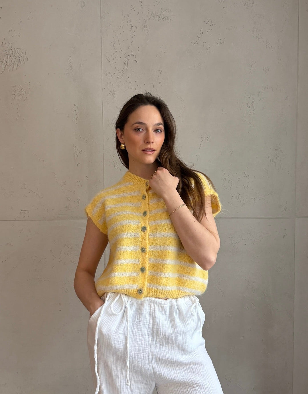Duffys - Striped sweater vest with buttons & dropped shoulder