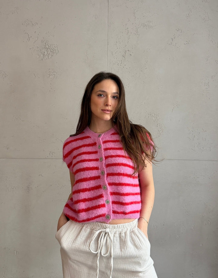Duffys - Striped sweater vest with buttons & dropped shoulder