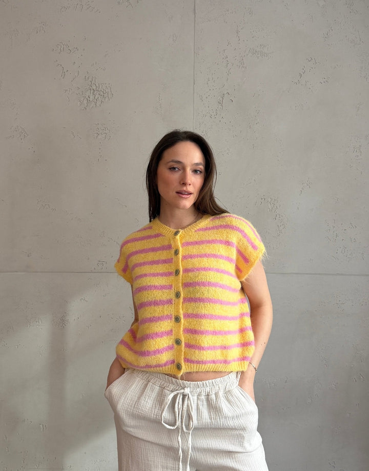 Duffys - Striped sweater vest with buttons & dropped shoulder