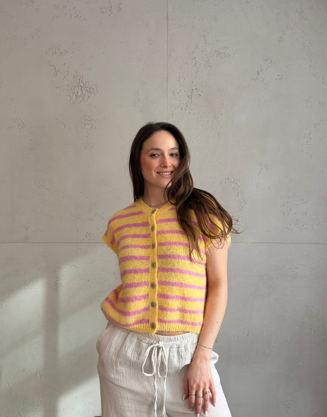 Duffys - Striped sweater vest with buttons & dropped shoulder