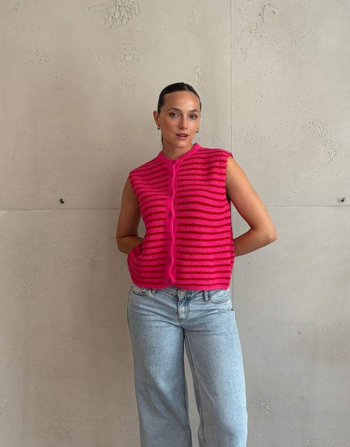 Lovett - Striped Knitted Vest with Button Placket