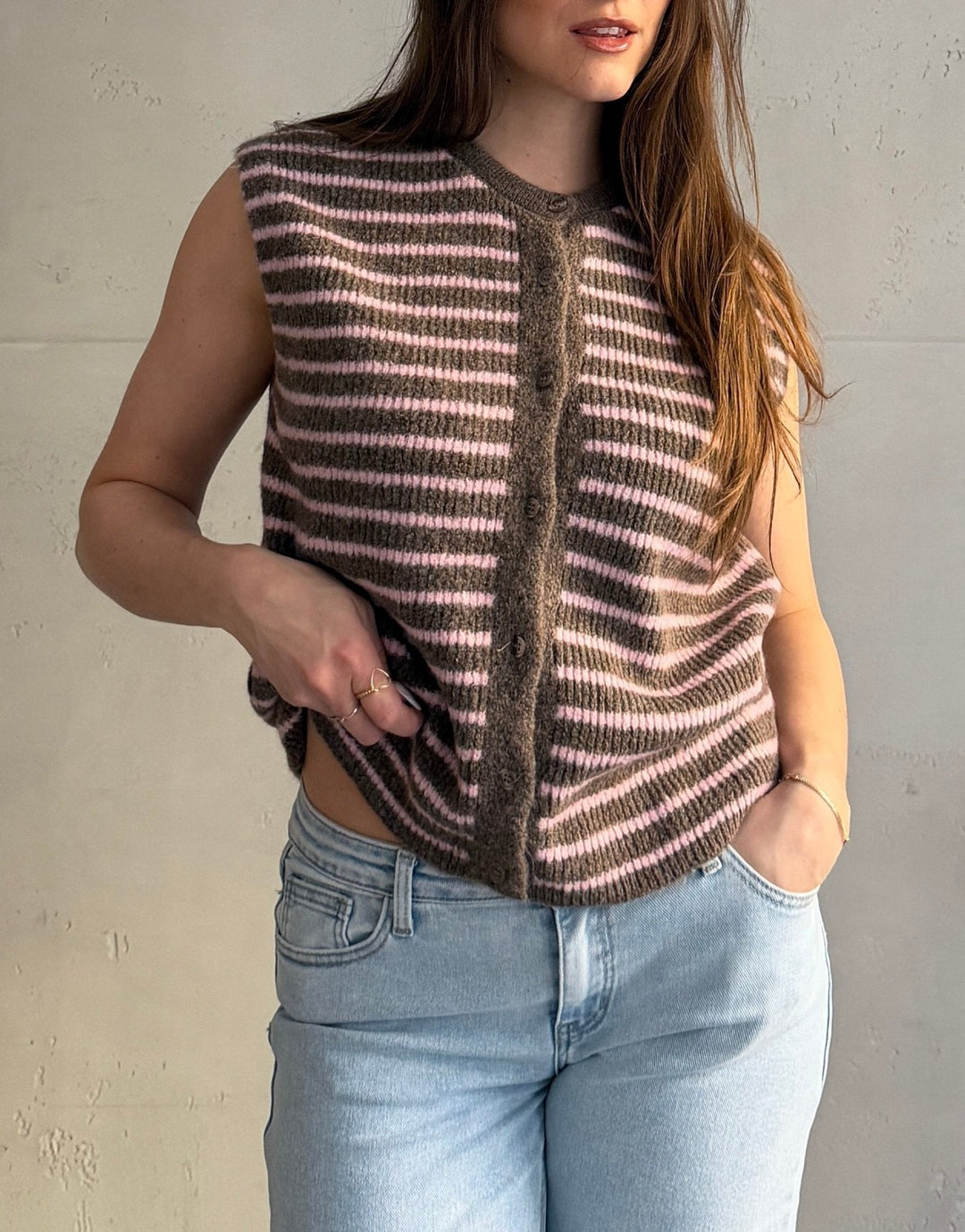 Lovett - Striped Knitted Vest with Button Placket