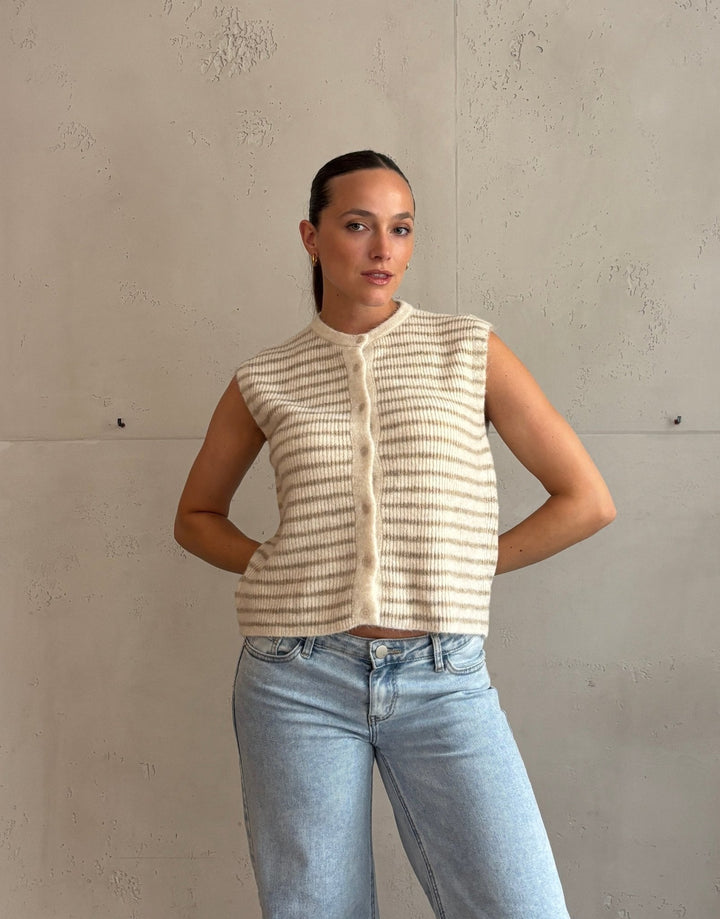 Lovett - Striped Knitted Vest with Button Placket